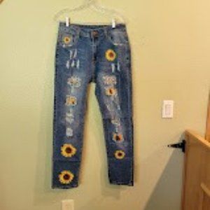 Sidefeel Ripped Leopard Floral Patchwork Jeans Destroyed Slim Fit Denim Pants